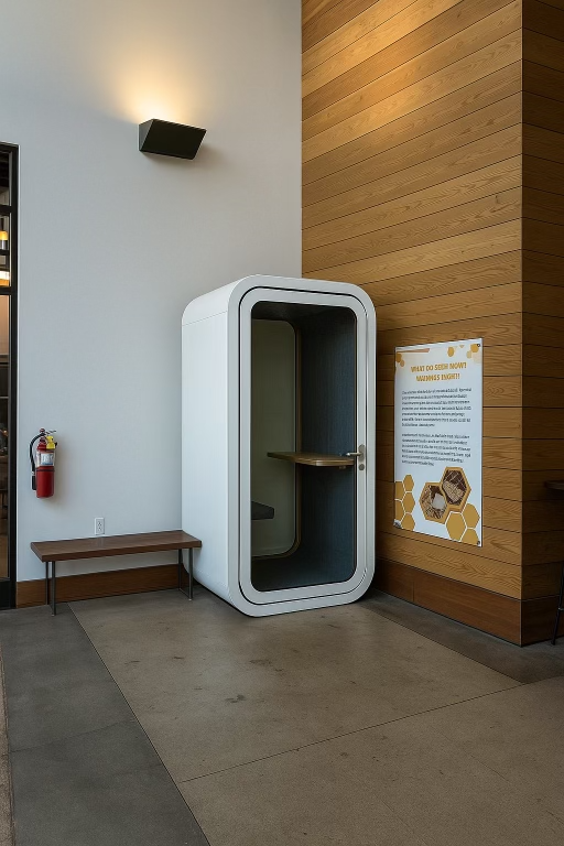 A modern, soundproof office pod in a stylish cafe